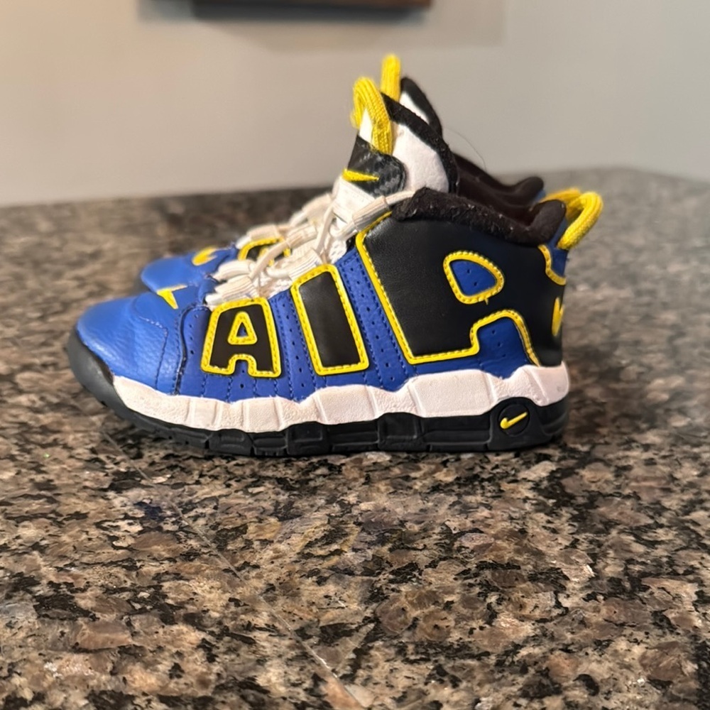 Nike Blue and Black Air More Uptempo Sneakers peace love and basketball kids 10
